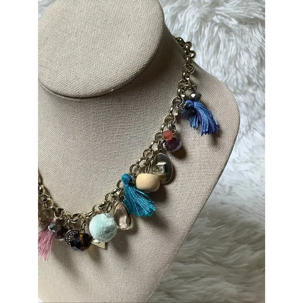 LOFT Gold Tone Chunky Chain Tassel Pom Pom Crystal Charm Necklace Boho F18-45